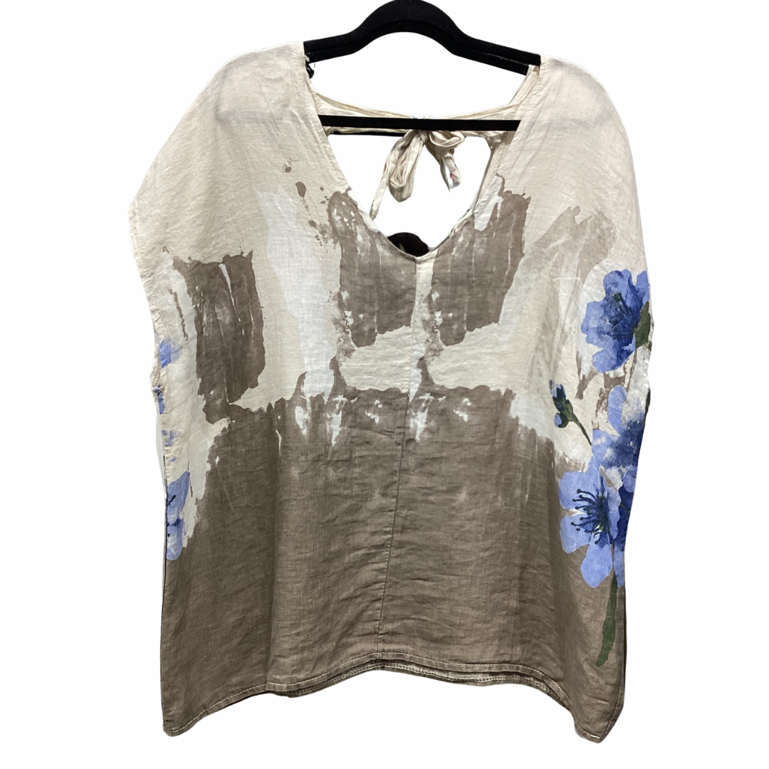 TOP EN LIN AVEC FLEURS BLEU